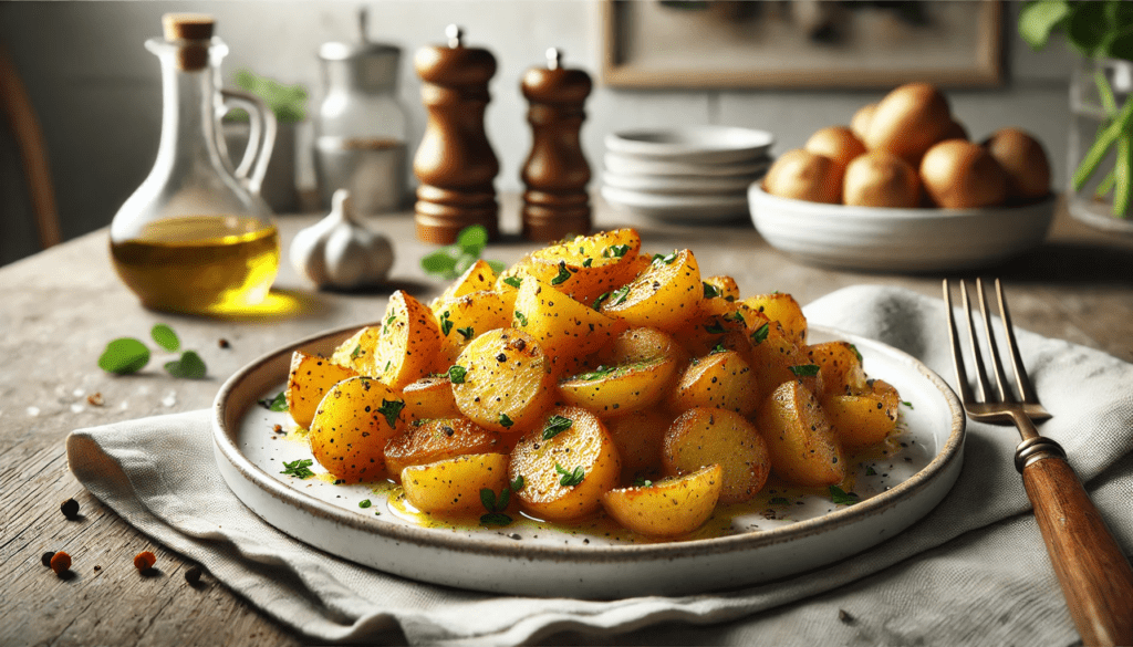 Un plat délicieux de pommes de terre sautées, dorées et croustillantes, assaisonnées d'herbes, présenté de manière élégante sur une assiette blanche dans une cuisine rustique.