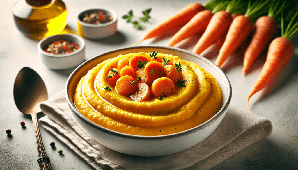 Un plat de purée de légumes, lisse et crémeuse, composée de carottes, panais et pommes de terre, garnie d'herbes fraîches et d'un filet d'huile d'olive, présenté dans un bol blanc.