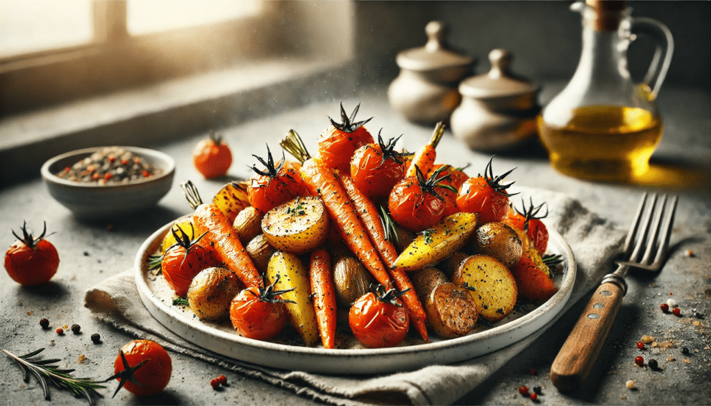 Un plat de petits légumes rôtis, comprenant des carottes, pommes de terre et tomates cerises, parfaitement dorés et assaisonnés d'herbes, présenté sur une assiette blanche.