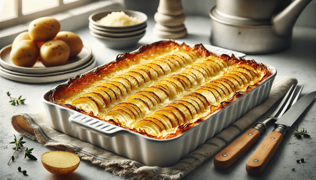 Un gratin dauphinois riche et crémeux, avec des pommes de terre en tranches, de la crème et du fromage, cuit à la perfection avec une croûte dorée, présenté dans un plat blanc.