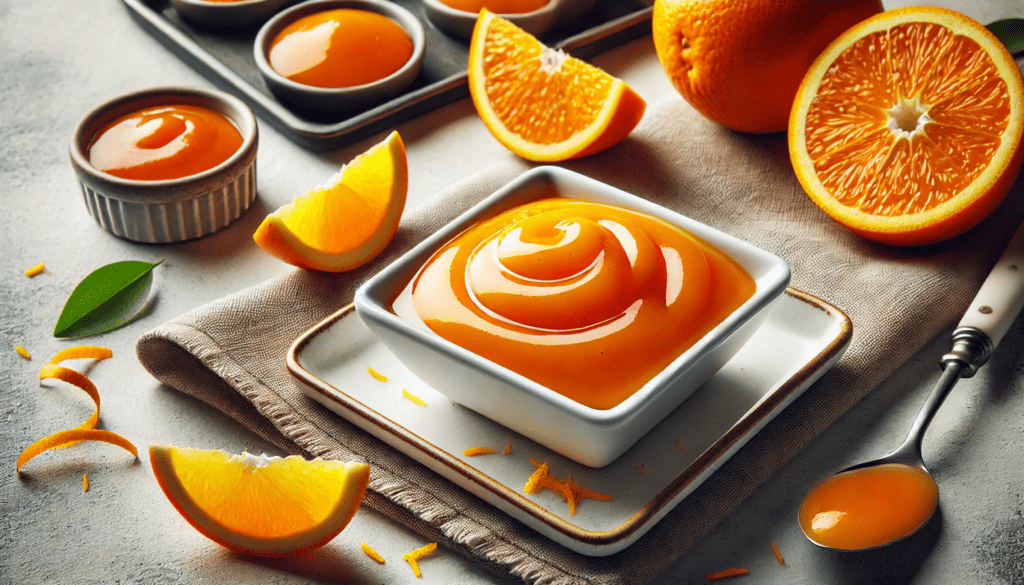 Une sauce à l'orange vibrante et brillante, servie dans un petit plat à sauce blanc, garnie de tranches d'orange fraîches et de zeste, dans une cuisine rustique.