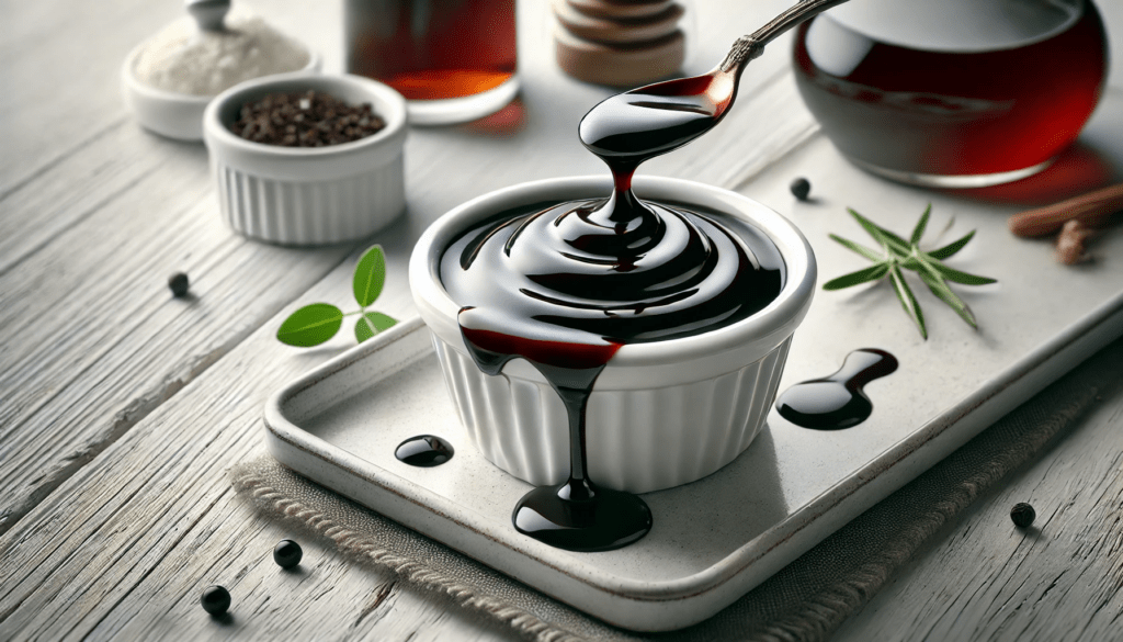 Une sauce au vinaigre balsamique riche et brillante, servie dans un petit plat à sauce blanc, avec quelques gouttes de réduction de balsamique en garniture.