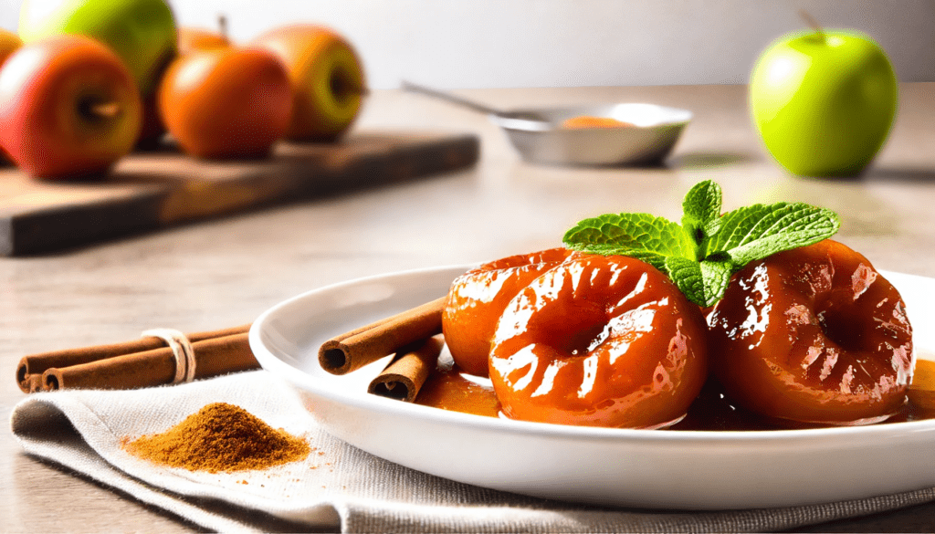 Un plat de pommes caramélisées, parfaitement cuites avec un glaçage doré au caramel, garnies de cannelle et de feuilles de menthe, présenté sur une assiette blanche.