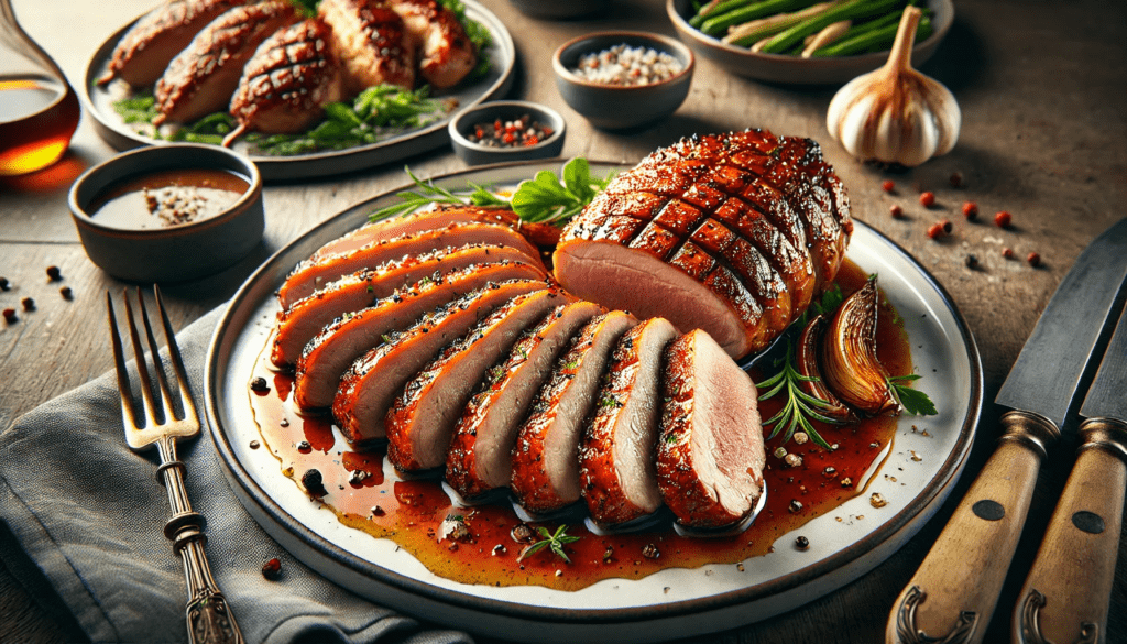 Un magret de canard découpé en tranches, parfaitement poêlé avec une peau dorée et croustillante, arrosé d'une sauce riche et servi avec des légumes rôtis, présenté de manière élégante sur une assiette blanche.