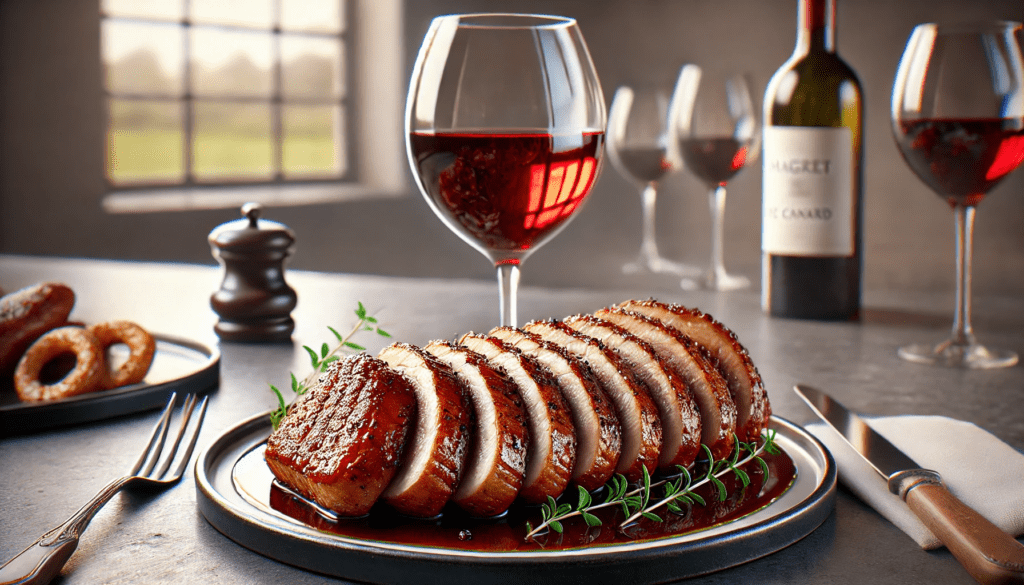 Un verre de vin rouge accompagnant un plat de magret de canard découpé en tranches, parfaitement poêlé avec une peau dorée et croustillante, présenté de manière élégante sur une assiette blanche dans une cuisine rustique.