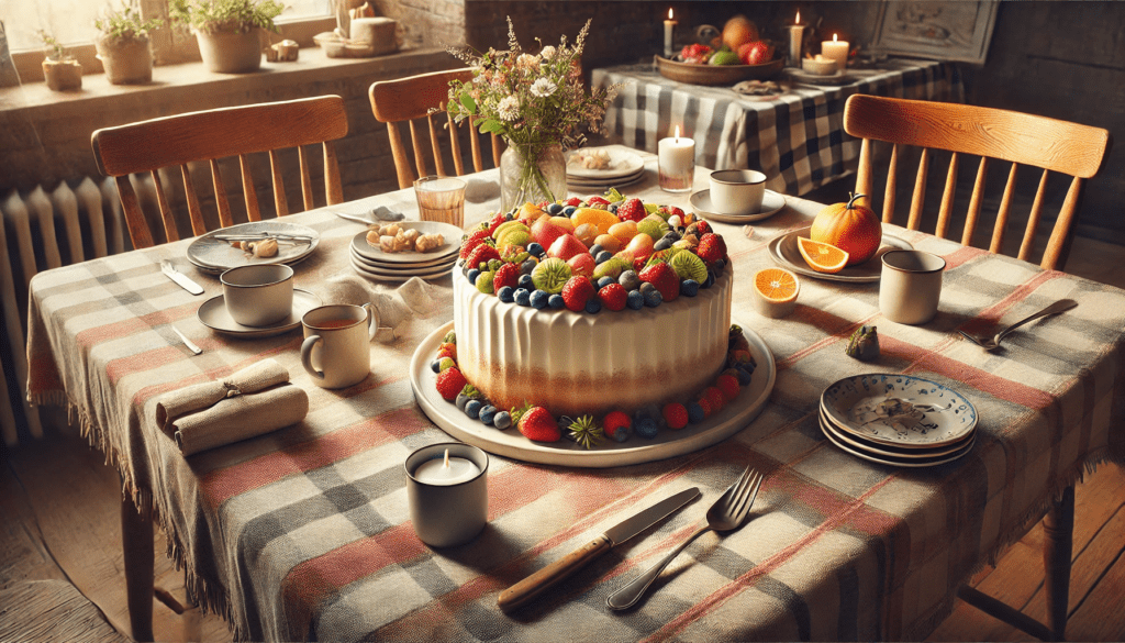 Gâteau attrayant avec des fruits frais sur une table conviviale, mettant en valeur le poids du sucre utilisé.