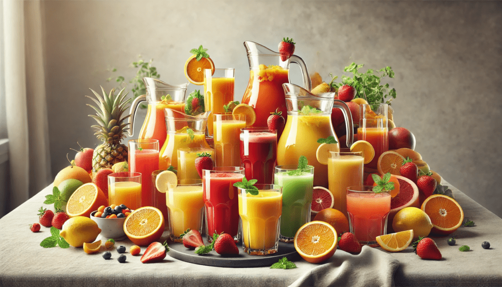 Assortiment de jus de fruits colorés dans des verres et des carafes, illustrant l'usage de sucre dans les boissons.