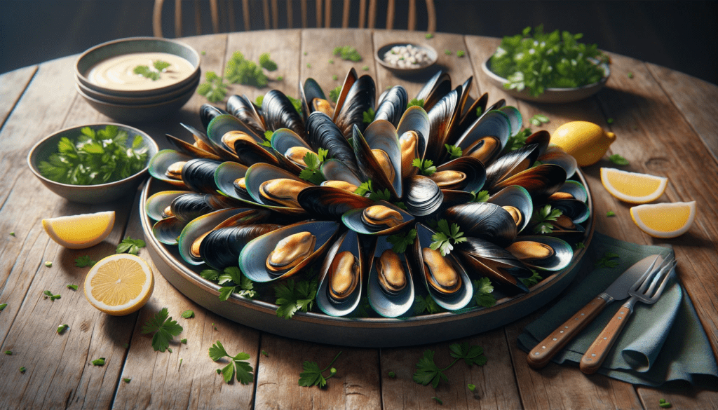 Plateau de moules fraîches et brillantes, arrangées sur un grand plat rond avec des quartiers de citron, du persil et un petit bol de sauce sur le côté. L'arrière-plan est une table en bois rustique.