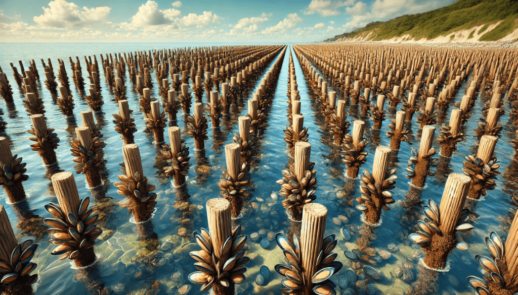  ferme de moules de bouchots. Des pieux en bois sont visibles en rangées le long du rivage, avec des moules qui y poussent. L'eau est claire, montrant les moules attachées aux pieux. En arrière-plan, un paysage côtier avec un ciel bleu et quelques nuages.