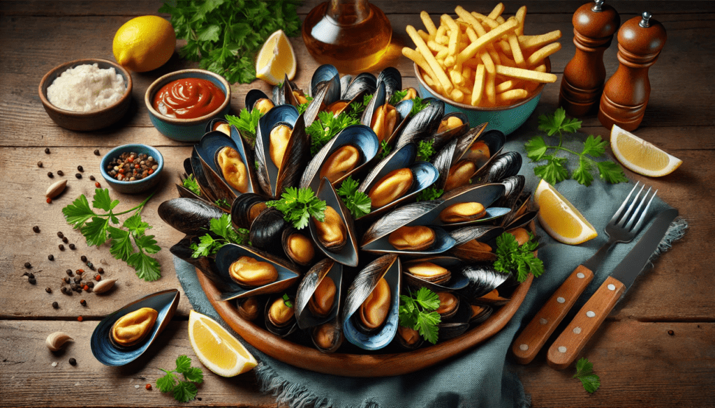 plateau de moules servies avec des frites. Les moules sont fraîches et brillantes, arrangées dans un grand bol. Les frites sont dorées et croustillantes, placées sur une assiette à côté du bol de moules. Il y a des quartiers de citron, du persil et un petit bol de sauce sur le côté. L'arrière-plan est une table en bois rustique.