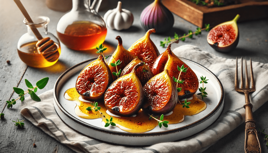 Un plat de figues rôties, dorées avec une caramélisation au miel, garnies d'herbes fraîches comme le thym ou la menthe, présenté sur une assiette blanche.
