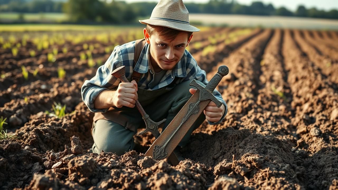 Agriculteur Trouve Tresor Medieval Etat Prend