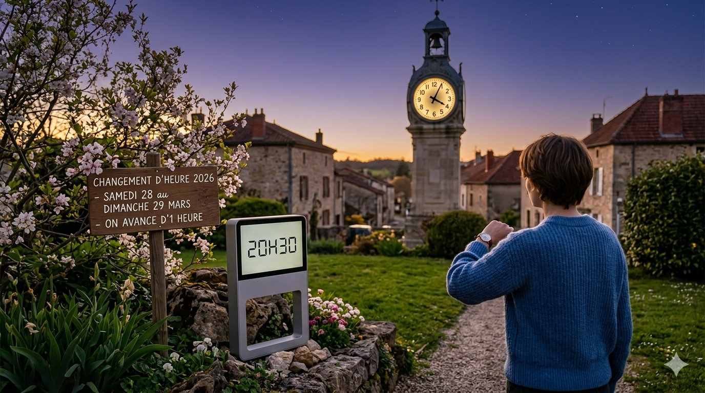 Scène de coucher de soleil dans un jardin français avec clocher de village, clochettes et lumière dorée, symbolisant le passage à l'heure d'été 2026 et l'extension des journées.