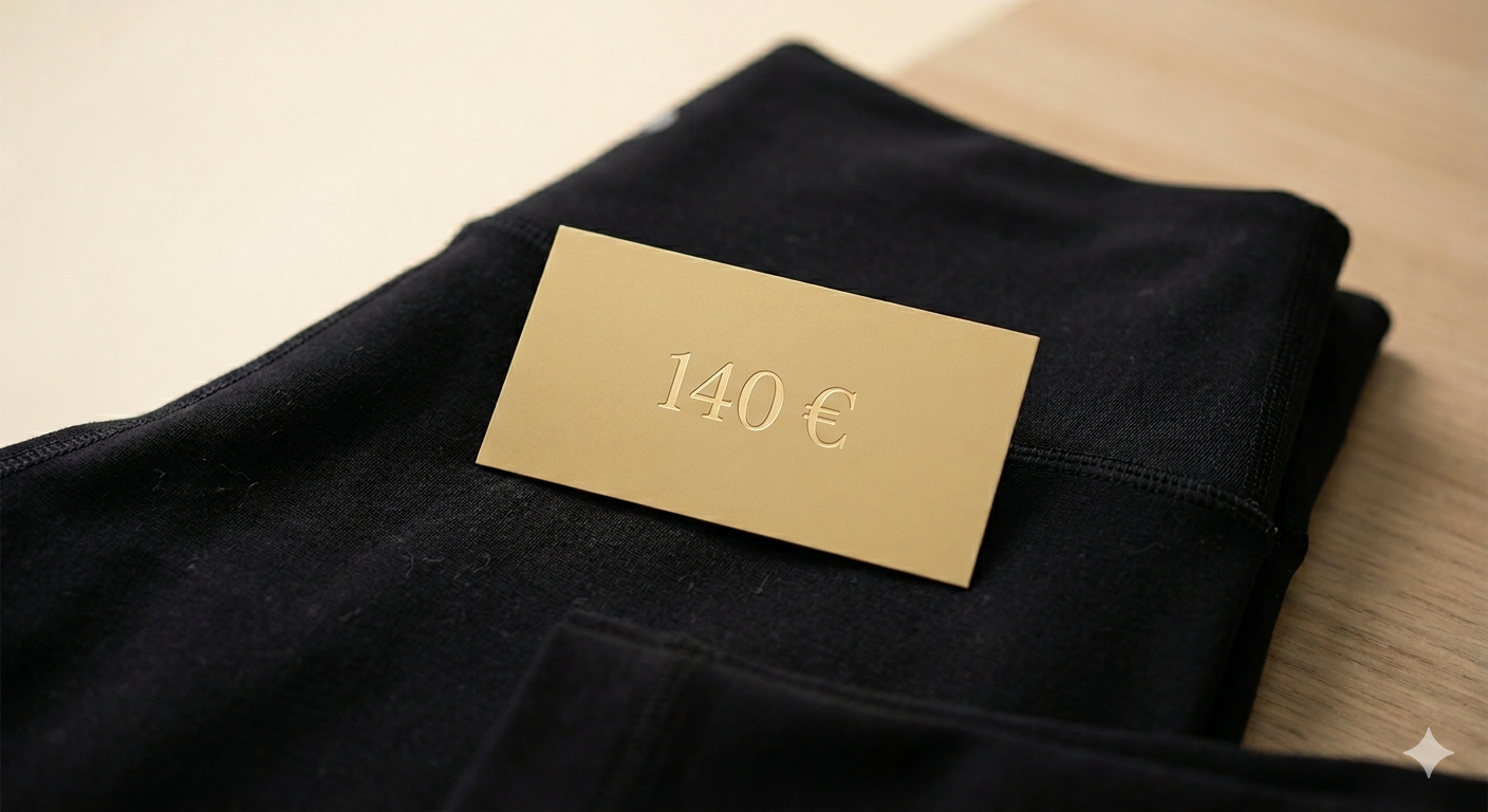 Détail du tissu technique d'un legging de sport premium avec étiquette de prix symbolisant le coût de l'athleisure.