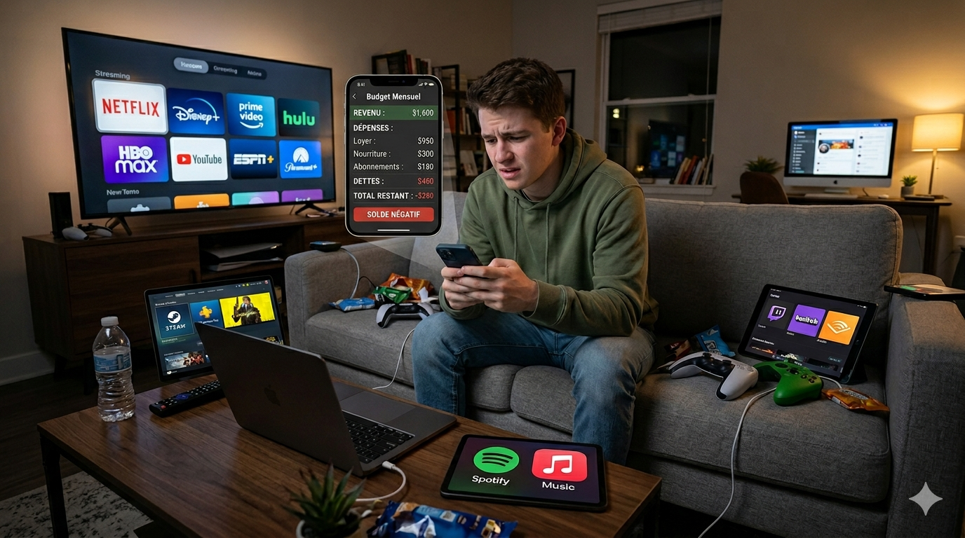 Jeune adulte entouré d'écrans affichant des applications de streaming, illustrant le poids des abonnements numériques sur le budget des 18-24 ans