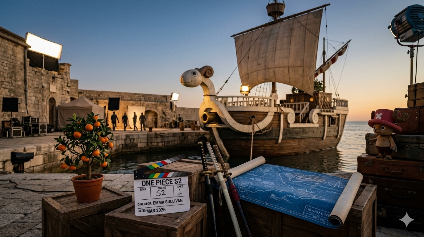 Acteurs de la série One Piece Netflix saison 2 sur un plateau de tournage évoquant Grand Line, ambiance aventure et pirates.